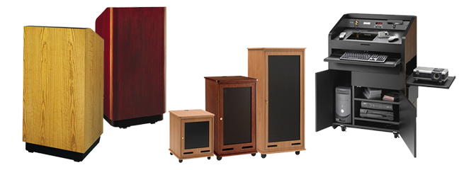  Photo Caption:  From left, Lexington Lectern, Concord Lectern, Equipment Rack Carts available from AmpliVox in 12RU, 21RU, and 30 RU sizes, and a multimedia lectern.