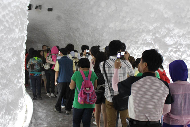 Visitors pass through a realistic ice tunnel to an Arctic Ice Adventure Room in the Climate and Environment Pavilion. The tunnels walls are covered in actual ice, and a snow-like substance descends upon visitors in the frigid space.