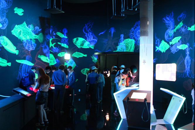 Additional interactives inside the Germany Pavilions Biotope zone explore the ocean as the worlds largest ecosystem. Visitors learn about the dangers that plastics pose to our oceans, and are able to view underwater habitats using iPads that hang from the ceiling near sea sponges. 