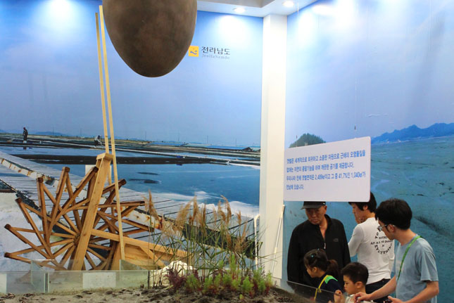 While most exhibiters in the Local Governments Pavilion accentuated their regional attractions, some, like Jeollanam-do, focused more on the official Expo 2012 theme of  The Living Ocean and Coast. Bordering the Yellow Sea, the province erected a mini-ecosystem in its space. Recreating a mudflat, it populated the biosphere with hundreds of indigenous lugworms, ghost crabs, and goggle-eye gobys that writhed and crawled over the swampy plain.