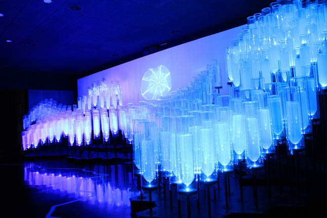 The Spain Pavilion featured glowing glass canisters of water samples collected from all over the globe.