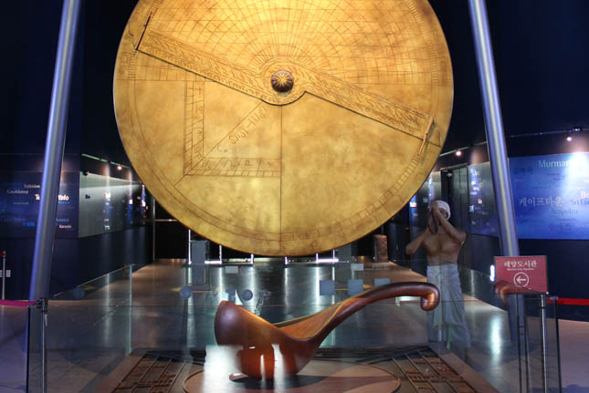 The entry to the Marine Civilizations Pavilion features a massive astrolabe, which ancient mariners used to navigate the seas.