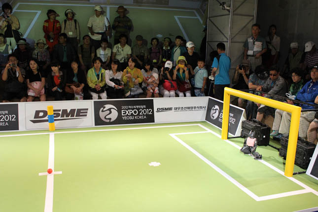 Played on a roughly 6-by-10-foot field inside the Marine Robot Pavilion, six humanoid robots stand 18 inches tall and stomp after a small ball, their eyes glowing stoplight-green as they search the field for it. They trip and knock each other down, but right themselves immediately, entertaining onlookers while an announcer calls the game like Bob Costas during an Olympic wrestling match.